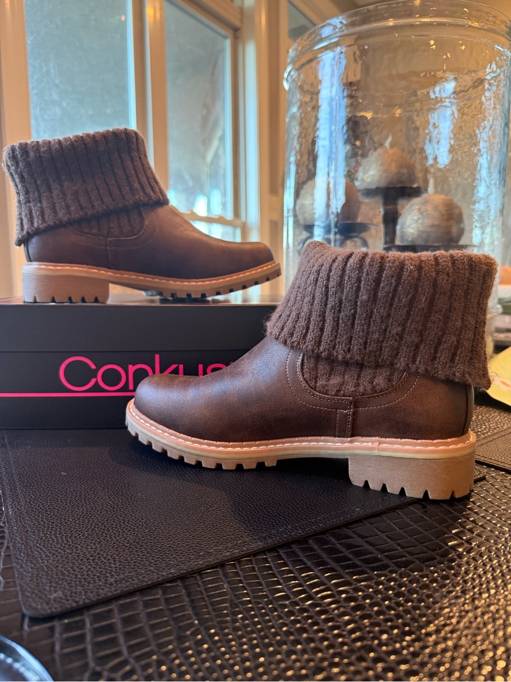 Women’s Brown Knit-Cuff Ankle Boots -